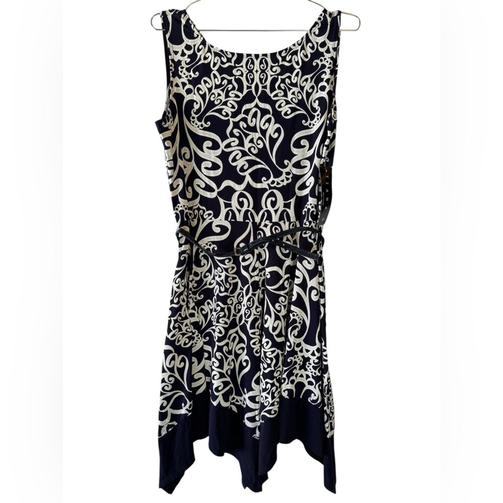 Tiana B Blue White Belted Sleeveless Asymmetric Handkerchief Hem ModCloth Dress